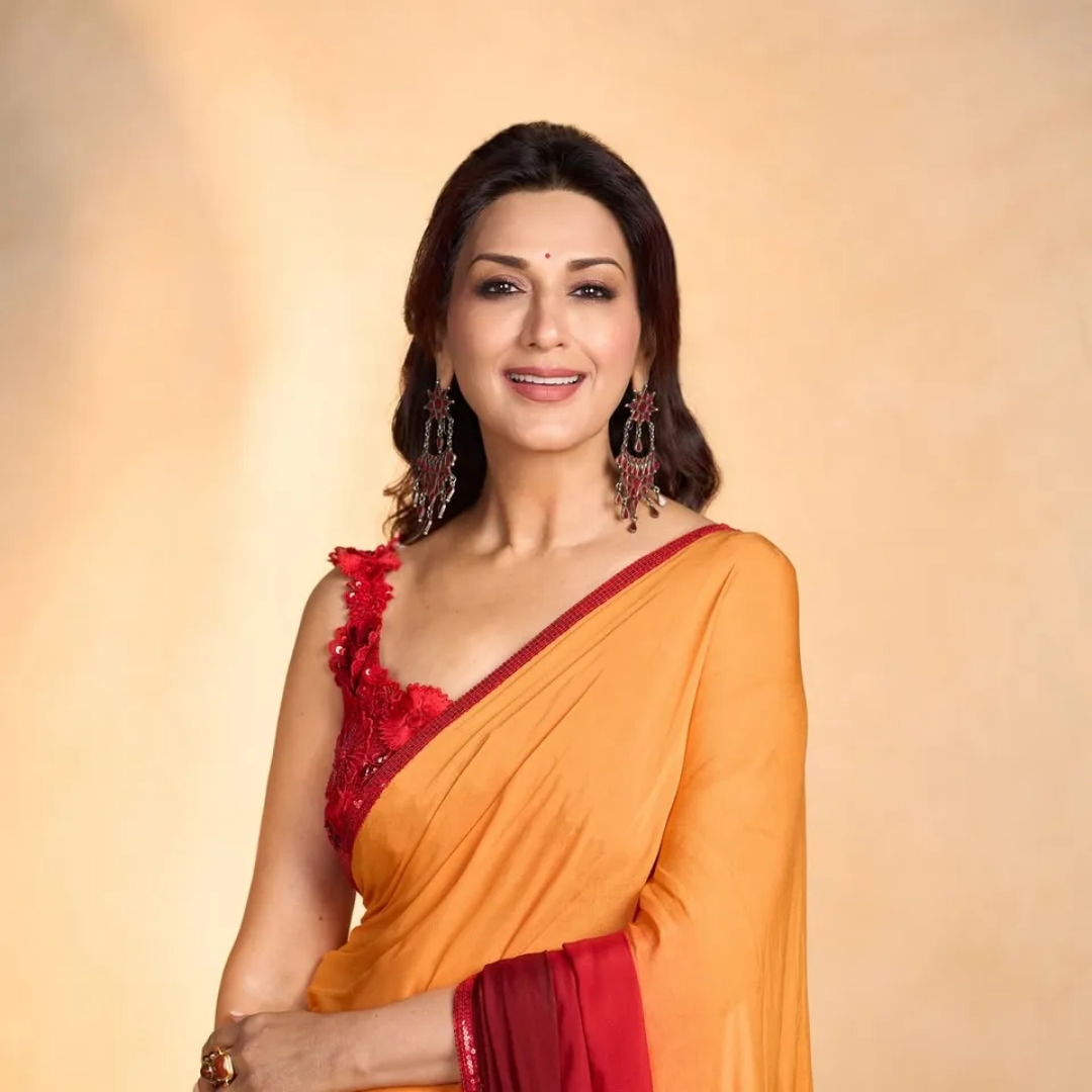 Sonali Bendre Stuns in Handcrafted Sunset Chiffon Sari by Nachiket Barve for Reality Show